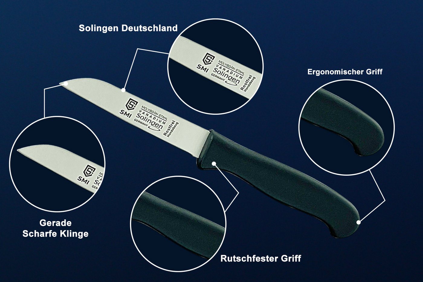 SMI Schälmesser Obstmesser Küchenmesser Solingen Gemüsemesser gerade, schwarz – Bild 3 von 4