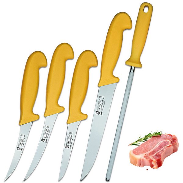 SMI Universalküchenmesser Metzgermesserset Solingen Fleischermesser Ausbeinmesser Wetzstahl, 5 tlg