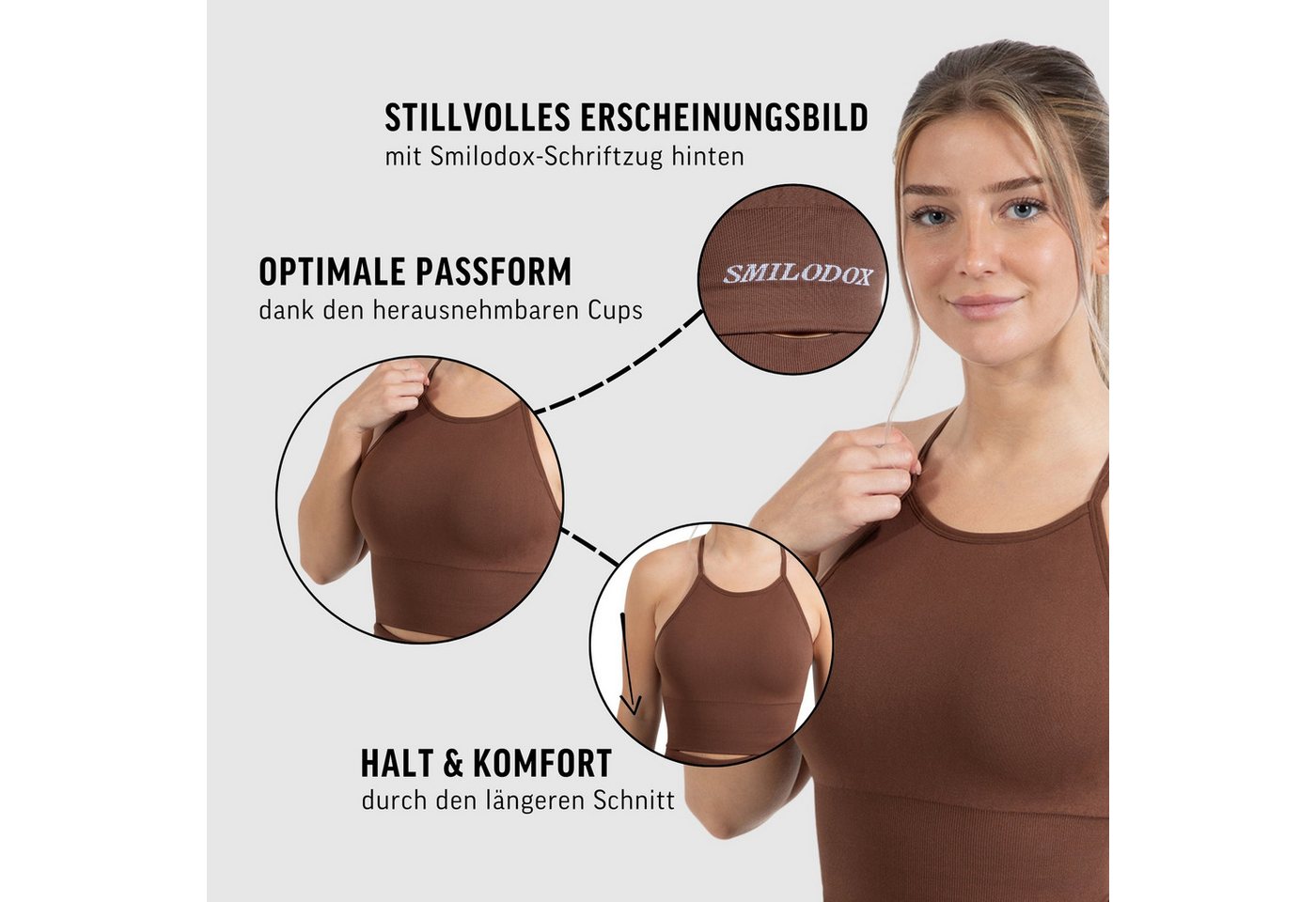Smilodox Crop-Top Maria Solid, Neckholder Crop Top mit elegantem Rückenausschnitt Slim Fit Länger Geschnitten Bra Herausnehmbare Cups Fitness Gym Yoga – Bild 5 von 5