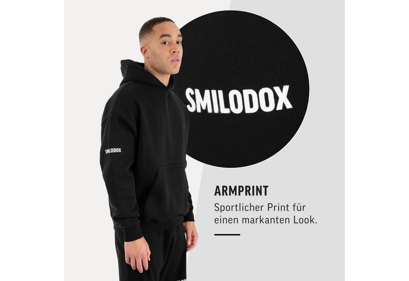 Smilodox Hoodie Koray Herren, Pullover Loose Fit, Kapuze, Fitness & Streetwear Baumwollmix, Sportstyle, Rippbündchen, Arm-Print, Komfort – Bild 5 von 5