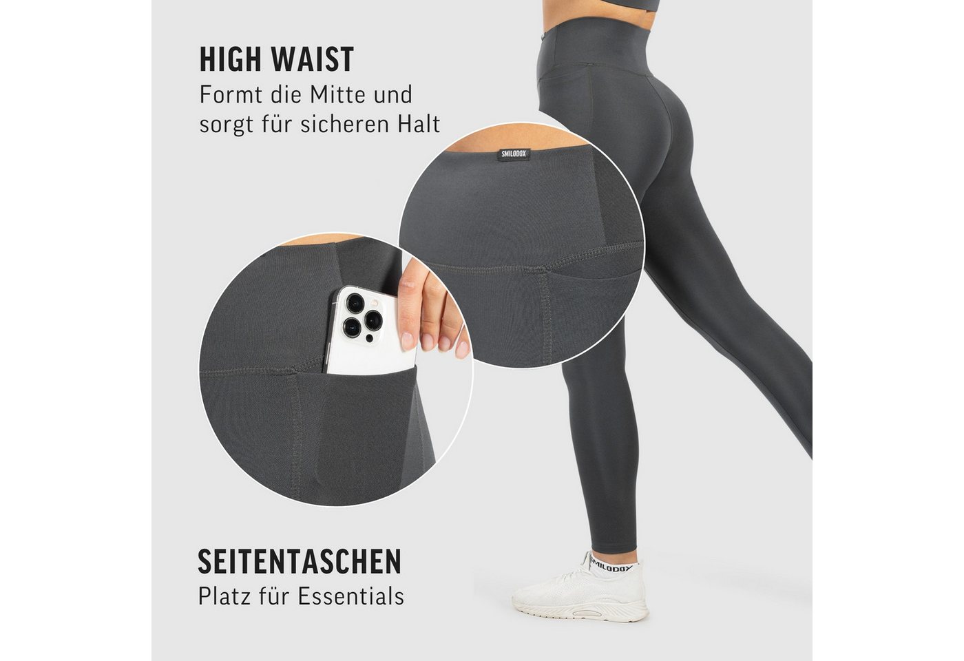 Smilodox Leggings Kelsy, High Waist Sportleggings V-Bund & seitlichen Eingrifftaschen nahtlos im Schritt, figurformende elastische Yogahose, Sport Freizeit – Bild 5 von 5