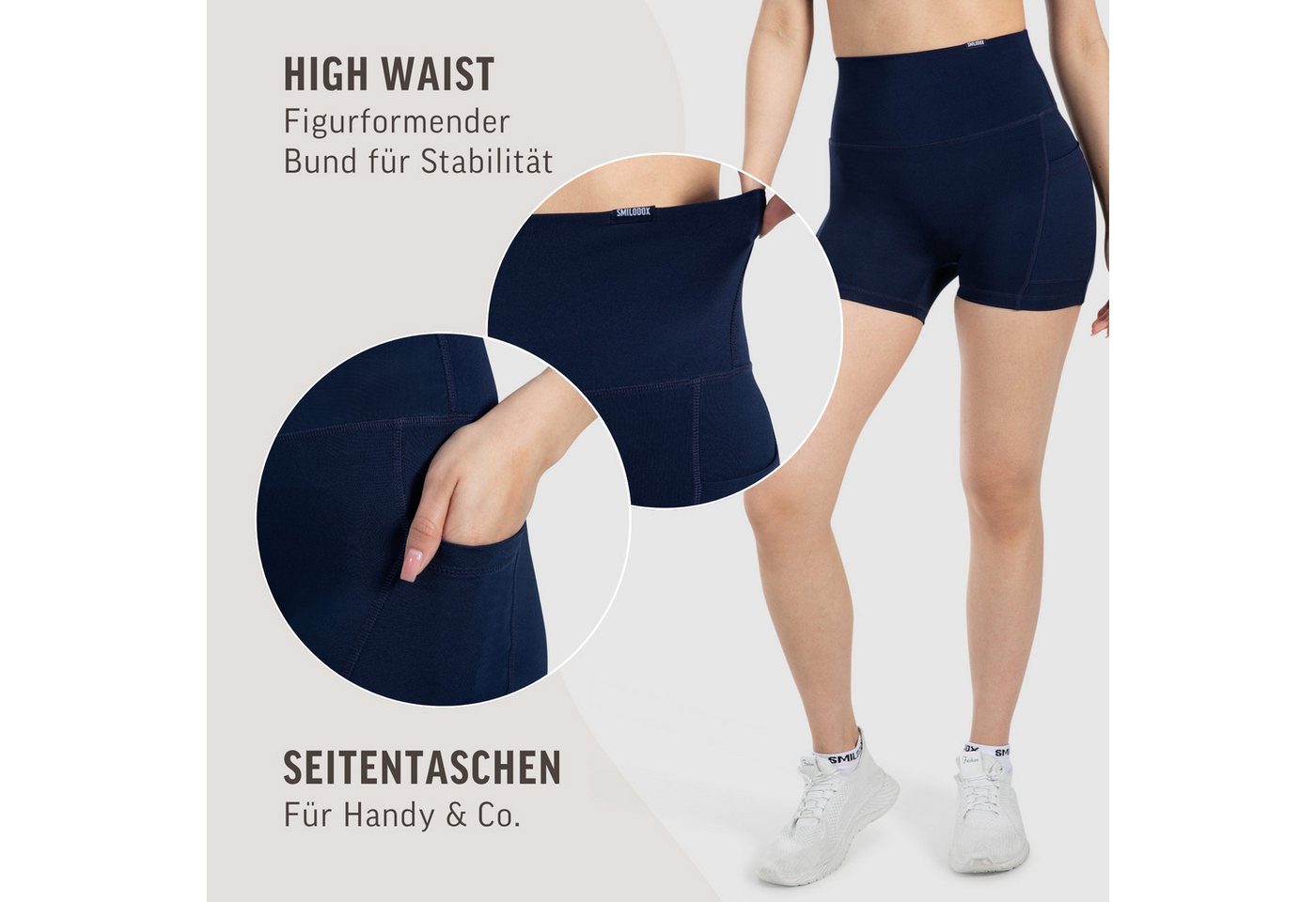 Smilodox Shorts Lissa, High Waist Radlerhose mit seitlichen Eingrifftaschen, elastisch Figurformender Bund, enganliegend, Training Alltag Fitness Yoga – Bild 5 von 5