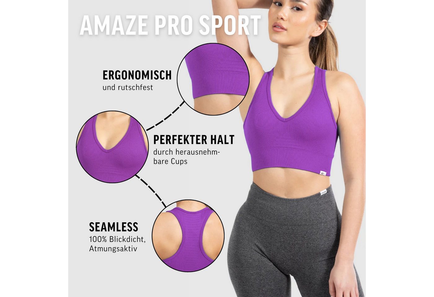 Smilodox Sport-BH Amaze Pro, Seamless Sport Bra Gerippter Stoff Fitness Yoga Alltag Raberback Top, Atmungsaktiv, ohne Bügel, Fitness – Bild 5 von 5