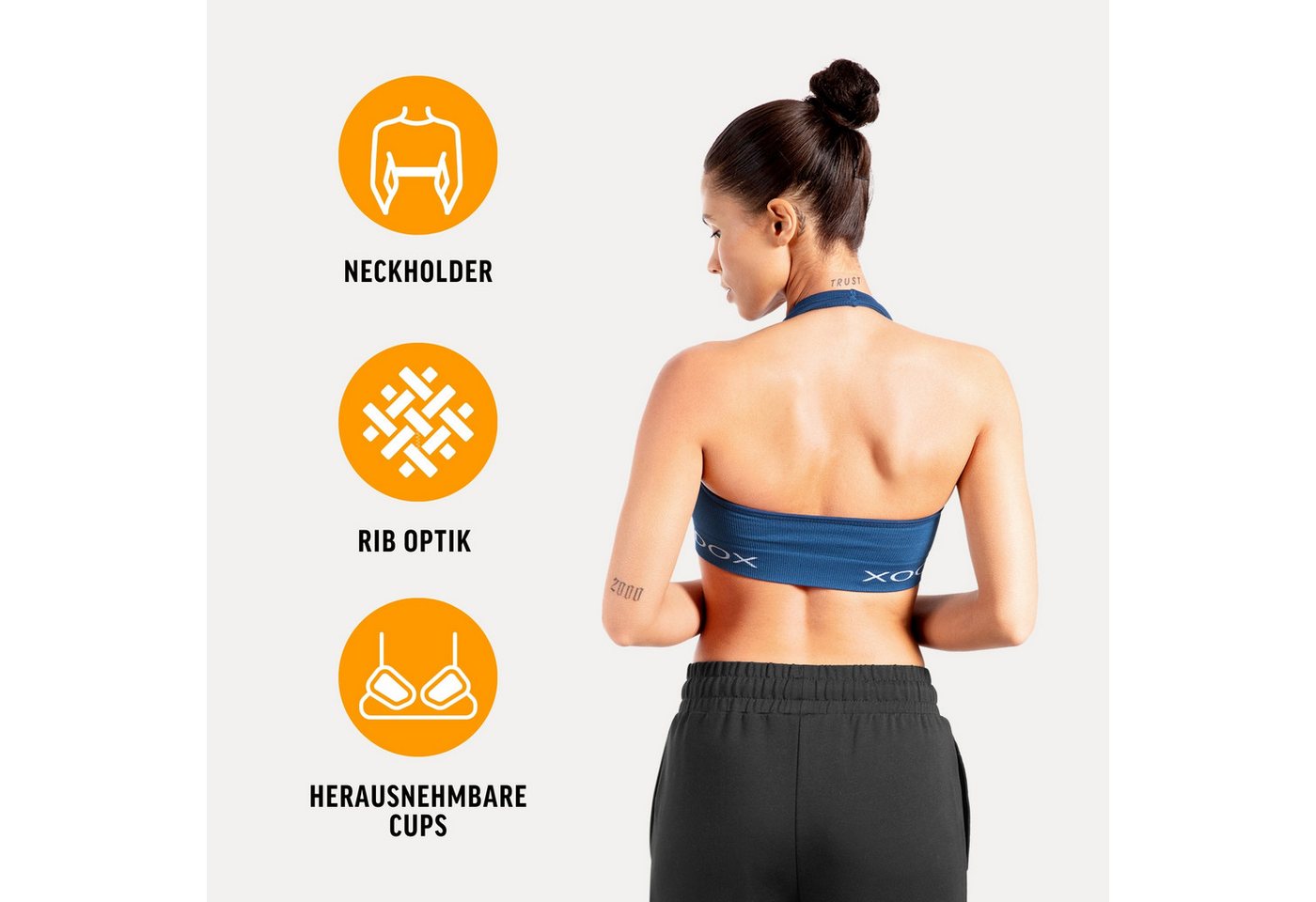 Smilodox Sport-BH Azura, Seamless Sport Top Rückenfrei Starker Halt Fitness Alltag Scrunch Bra ohne Bügel Atmungsaktiv Yoga Gym Bustier Schriftzug – Bild 2 von 5