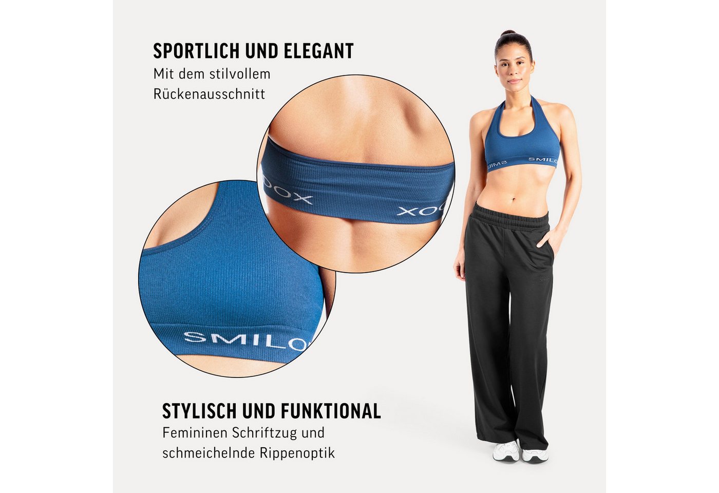 Smilodox Sport-BH Azura, Seamless Sport Top Rückenfrei Starker Halt Fitness Alltag Scrunch Bra ohne Bügel Atmungsaktiv Yoga Gym Bustier Schriftzug – Bild 5 von 5