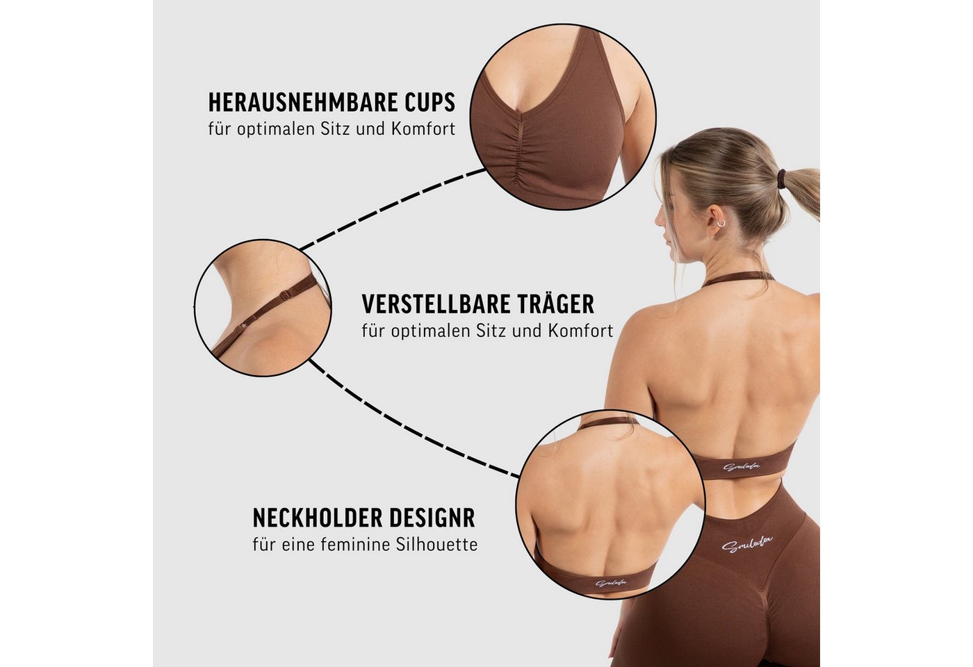 Smilodox Sport-BH Silvia, Sport Bra Shaped Fit Neckholder Design Yoga Alltag Seamless BH Herausnehmbare Cups Verstellbare Träger Top Fitness – Bild 5 von 5