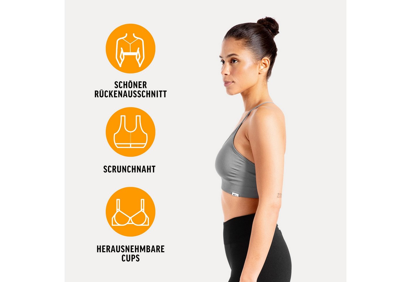Smilodox Sport-BH Solid Scrunch, Ohne Bügel BH, Shaped Fit Yoga Bra, V-Ausschnitt Herausnehmbare Cups, Blickdichter Push Up BH, Verstellbare Träger – Bild 2 von 5