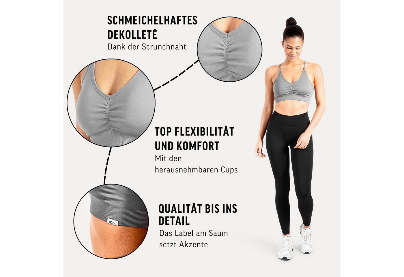 Smilodox Sport-BH Solid Scrunch, Ohne Bügel BH, Shaped Fit Yoga Bra, V-Ausschnitt Herausnehmbare Cups, Blickdichter Push Up BH, Verstellbare Träger – Bild 5 von 5