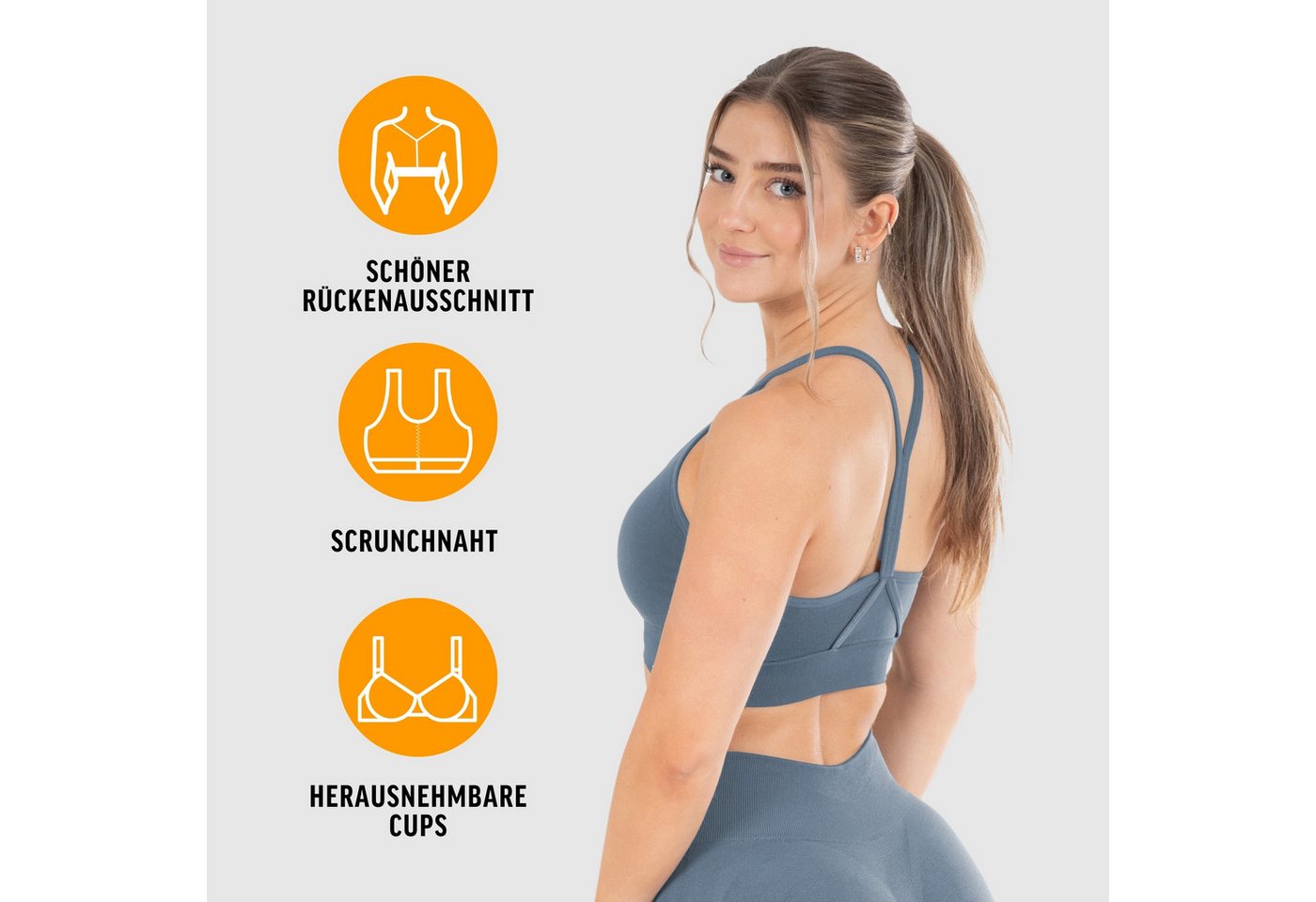 Smilodox Sport-BH Solid Scrunch, Ohne Bügel BH, Shaped Fit Yoga Bra, V-Ausschnitt Herausnehmbare Cups, Blickdichter Push Up BH, Verstellbare Träger – Bild 2 von 5