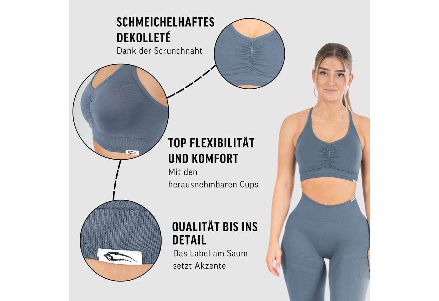 Smilodox Sport-BH Solid Scrunch, Ohne Bügel BH, Shaped Fit Yoga Bra, V-Ausschnitt Herausnehmbare Cups, Blickdichter Push Up BH, Verstellbare Träger – Bild 5 von 5