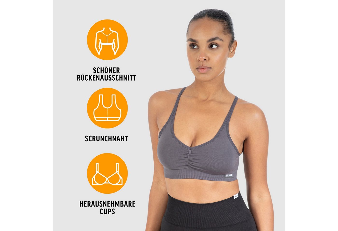 Smilodox Sport-BH Solid Scrunch Icon, Seamless Bra ohne Bügel mit verstellbaren Trägern Blickdichter Bustier Herausnehmbare Cups Shaped Fit Fitness Freizeit – Bild 2 von 5