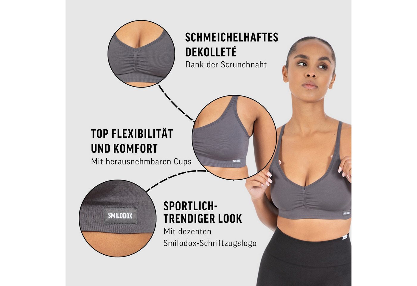 Smilodox Sport-BH Solid Scrunch Icon, Seamless Bra ohne Bügel mit verstellbaren Trägern Blickdichter Bustier Herausnehmbare Cups Shaped Fit Fitness Freizeit – Bild 5 von 5
