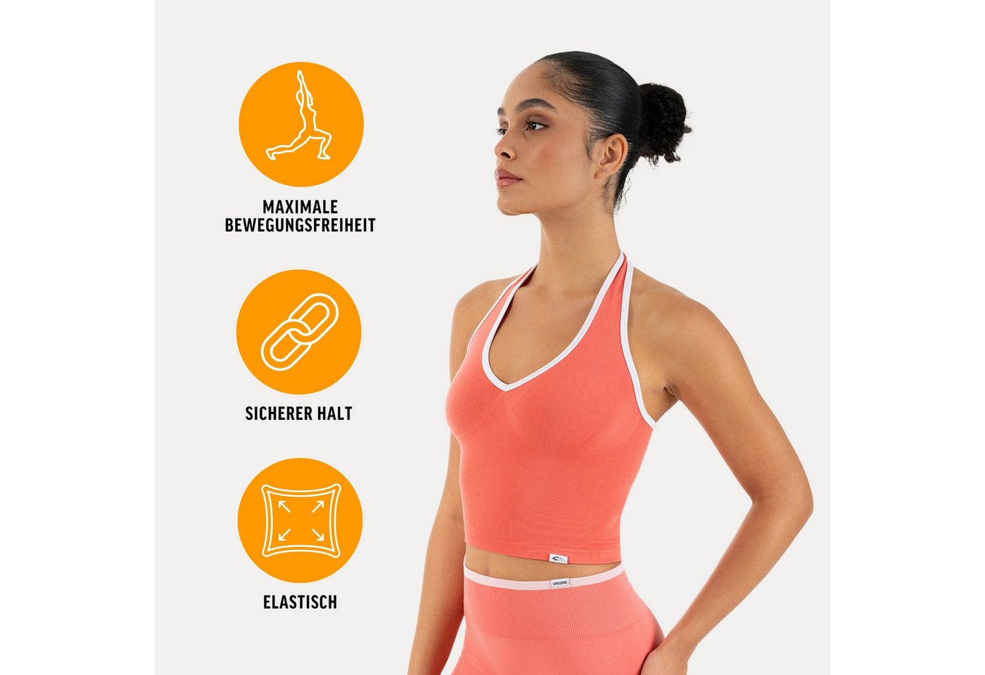 Smilodox Sport-BH Theda, Sport Top Damen Shaped Fit, Seamless, Gym & Freizeit Halterneck, V-Ausschnitt, Seamless, Stretch, Kontrastdetails – Bild 2 von 5