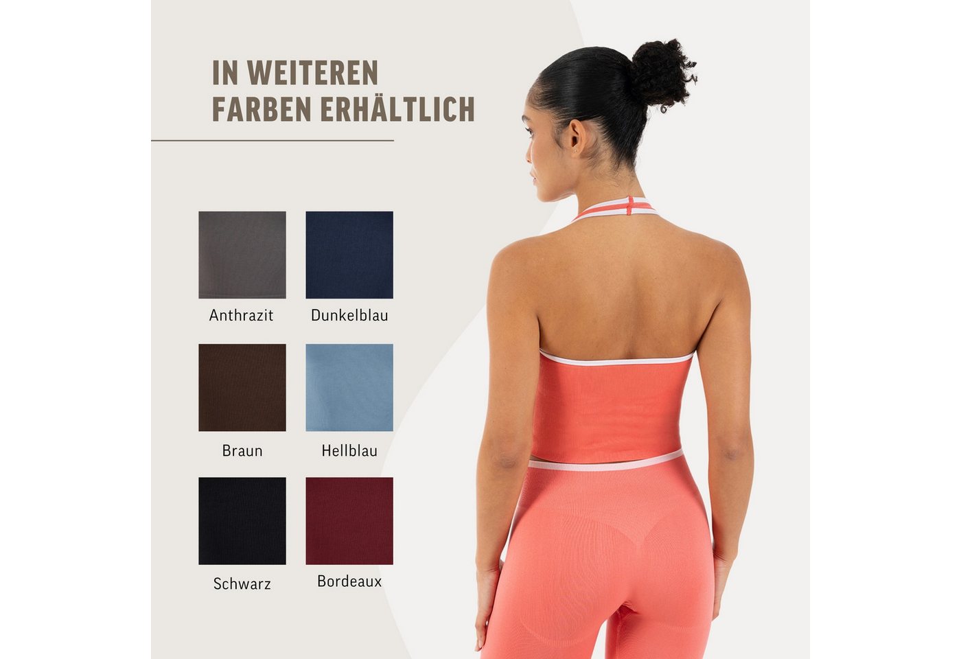 Smilodox Sport-BH Theda, Sport Top Damen Shaped Fit, Seamless, Gym & Freizeit Halterneck, V-Ausschnitt, Seamless, Stretch, Kontrastdetails – Bild 4 von 5