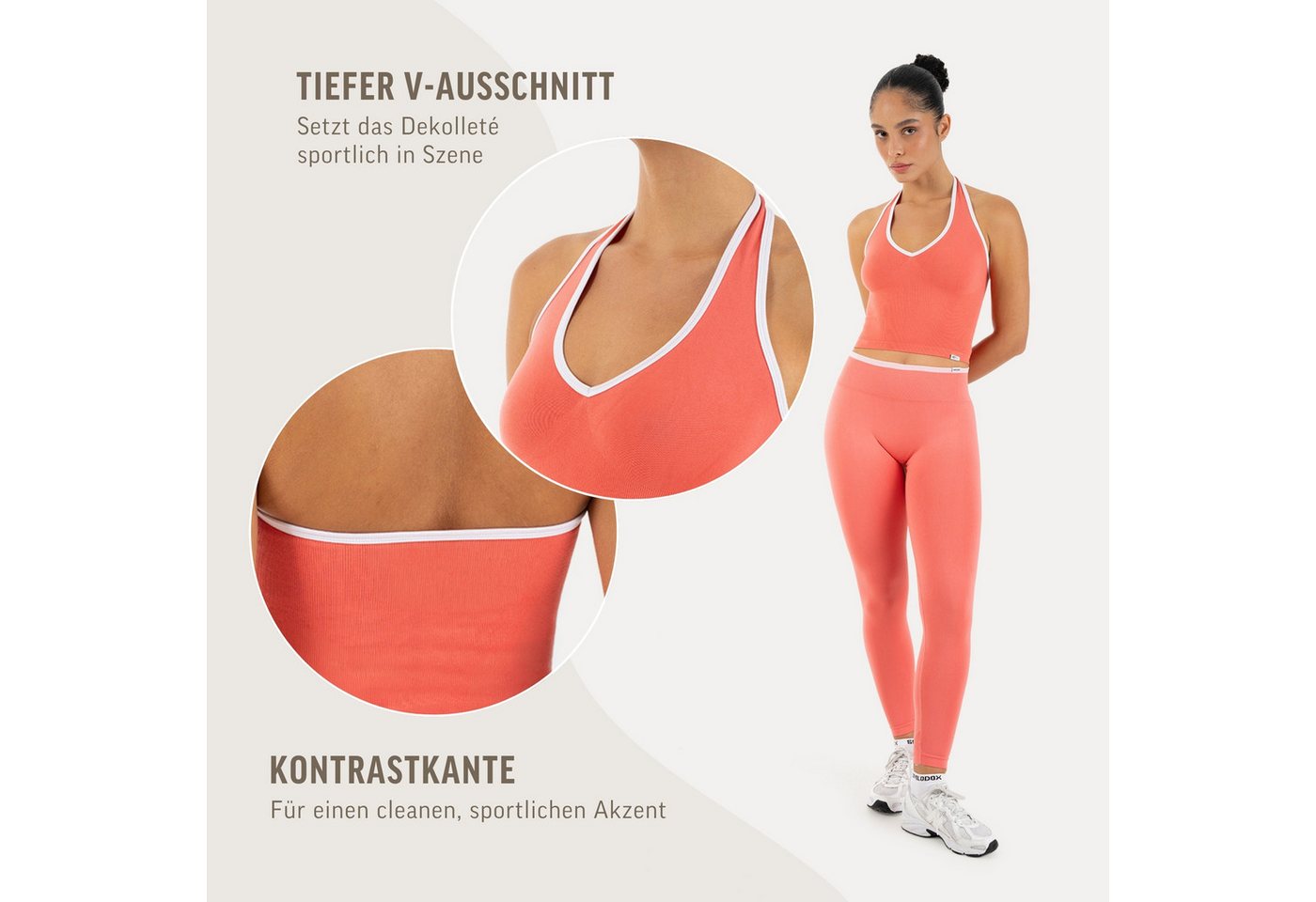 Smilodox Sport-BH Theda, Sport Top Damen Shaped Fit, Seamless, Gym & Freizeit Halterneck, V-Ausschnitt, Seamless, Stretch, Kontrastdetails – Bild 5 von 5