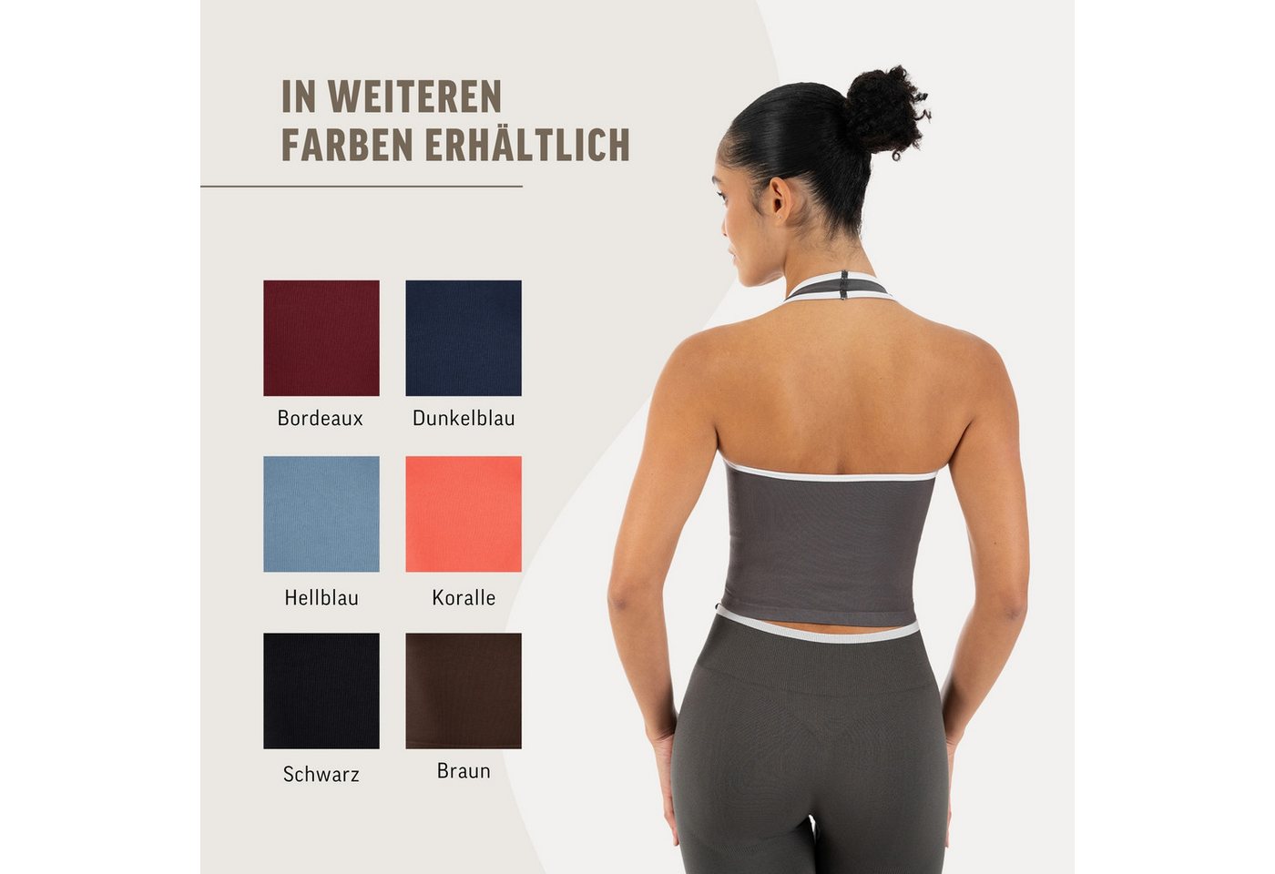 Smilodox Sport-BH Theda, Sport Top Damen Shaped Fit, Seamless, Gym & Freizeit Halterneck, V-Ausschnitt, Seamless, Stretch, Kontrastdetails – Bild 4 von 5