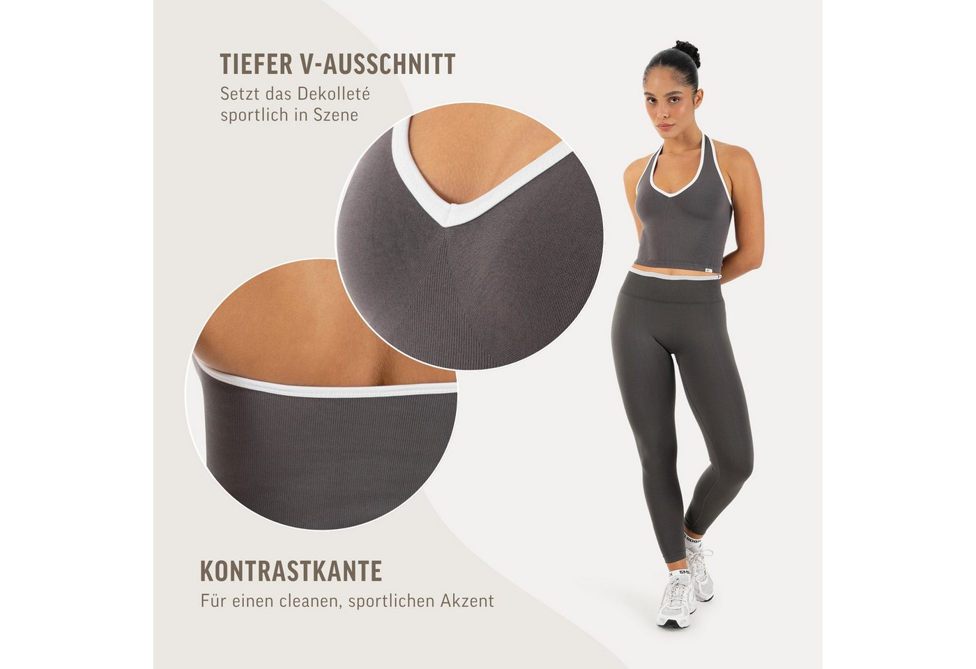 Smilodox Sport-BH Theda, Sport Top Damen Shaped Fit, Seamless, Gym & Freizeit Halterneck, V-Ausschnitt, Seamless, Stretch, Kontrastdetails – Bild 5 von 5
