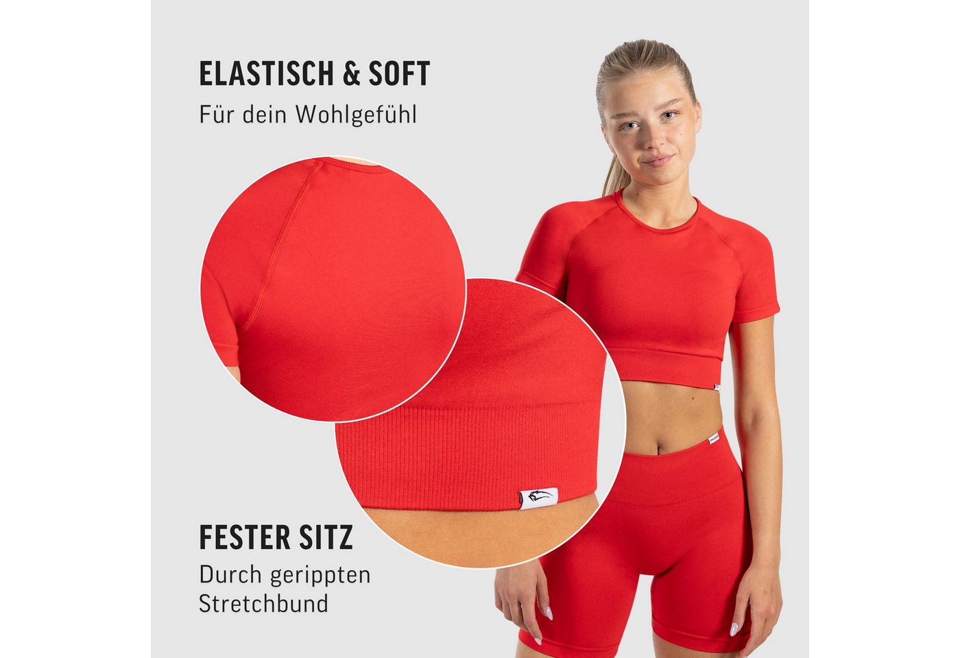 Smilodox T-Shirt Elna, Crop Top mit Rundhalsausschnitt, kurzen Ärmeln & Rippbund Figurbetontes T-Shirt, Funktionsshirt glattes Material & bauchfrei – Bild 5 von 5