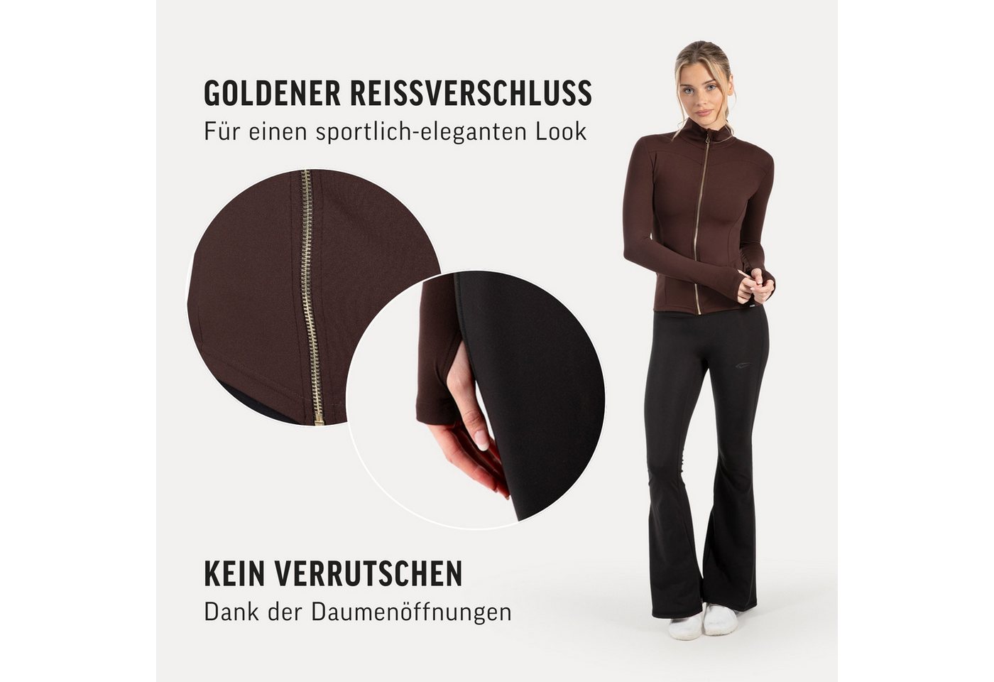 Smilodox Trainingsjacke Kenna Gold, Figurbetonte Sportjacke mit 3D Rubber Print, Stehkragen Goldener Reißverschluss formende Nähte atmungsaktive Laufjacke – Bild 5 von 5