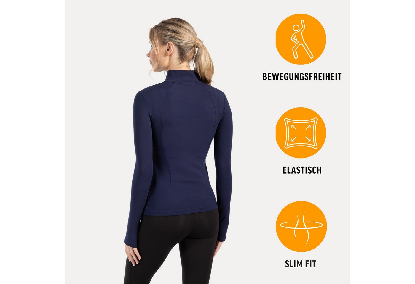 Smilodox Trainingsjacke Kenna Gold, Figurbetonte Sportjacke mit 3D Rubber Print, Stehkragen Goldener Reißverschluss formende Nähte atmungsaktive Laufjacke – Bild 2 von 5