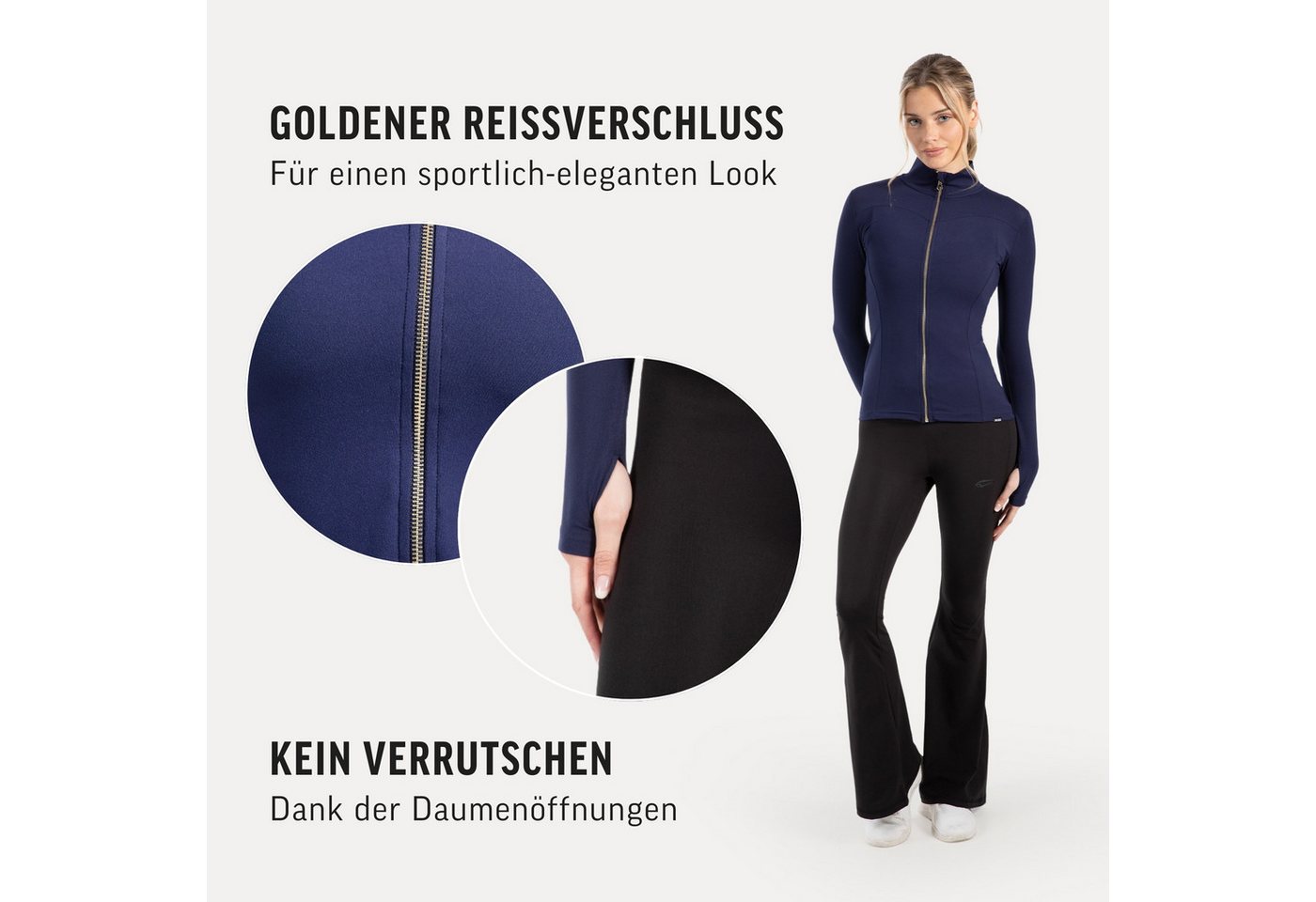 Smilodox Trainingsjacke Kenna Gold, Figurbetonte Sportjacke mit 3D Rubber Print, Stehkragen Goldener Reißverschluss formende Nähte atmungsaktive Laufjacke – Bild 5 von 5