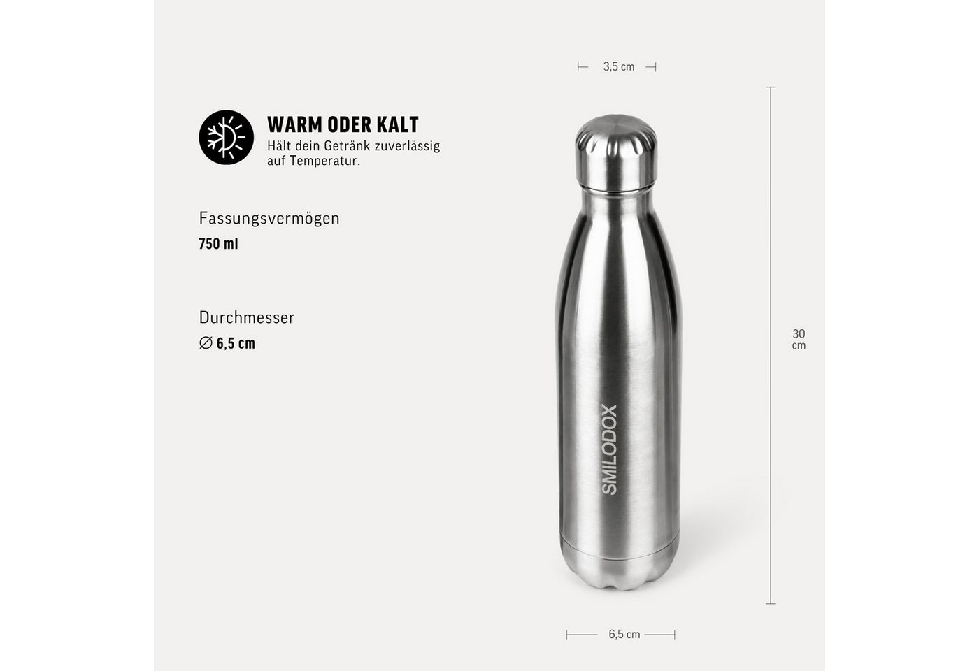 Smilodox Trinkflasche Sveltis, 750ml Edelstahl Thermoflasche, BPA-frei, 100% Auslaufsicher, Schlanke Form, Edelstahl, Thermofunktion, für Büro, Gym & Alltag – Bild 2 von 5