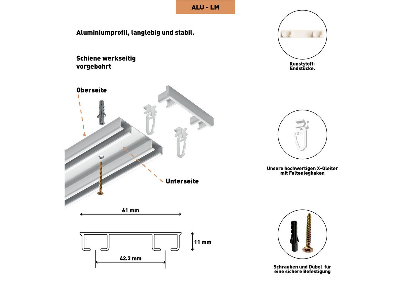 SN DECO GROUP Gardinenschiene Objektschiene LM, 2-läufig, Fixmaß, mit Bohren, verschraubt, Aluminium, vorgebohrt, Aluminium, Innenlauf, Vorhangschiene – Bild 5 von 5