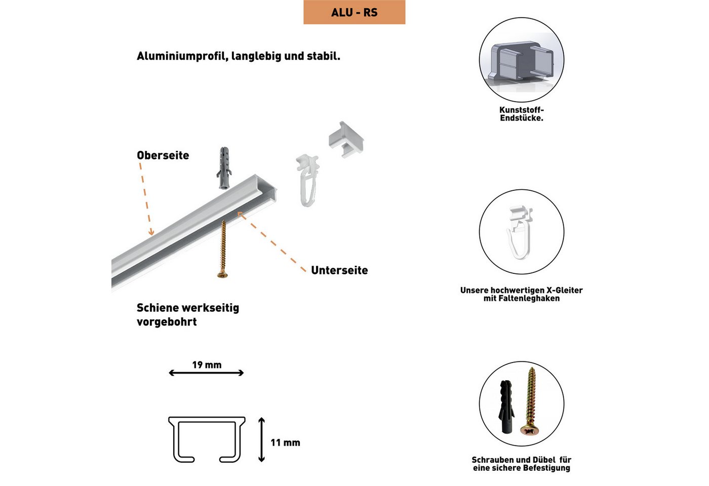 SN DECO GROUP Gardinenschiene Objektschiene RS, 1-läufig, Fixmaß, mit Bohren, verschraubt, Aluminium, vorgebohrt, Aluminium, Innenlauf, Vorhangschiene – Bild 4 von 5