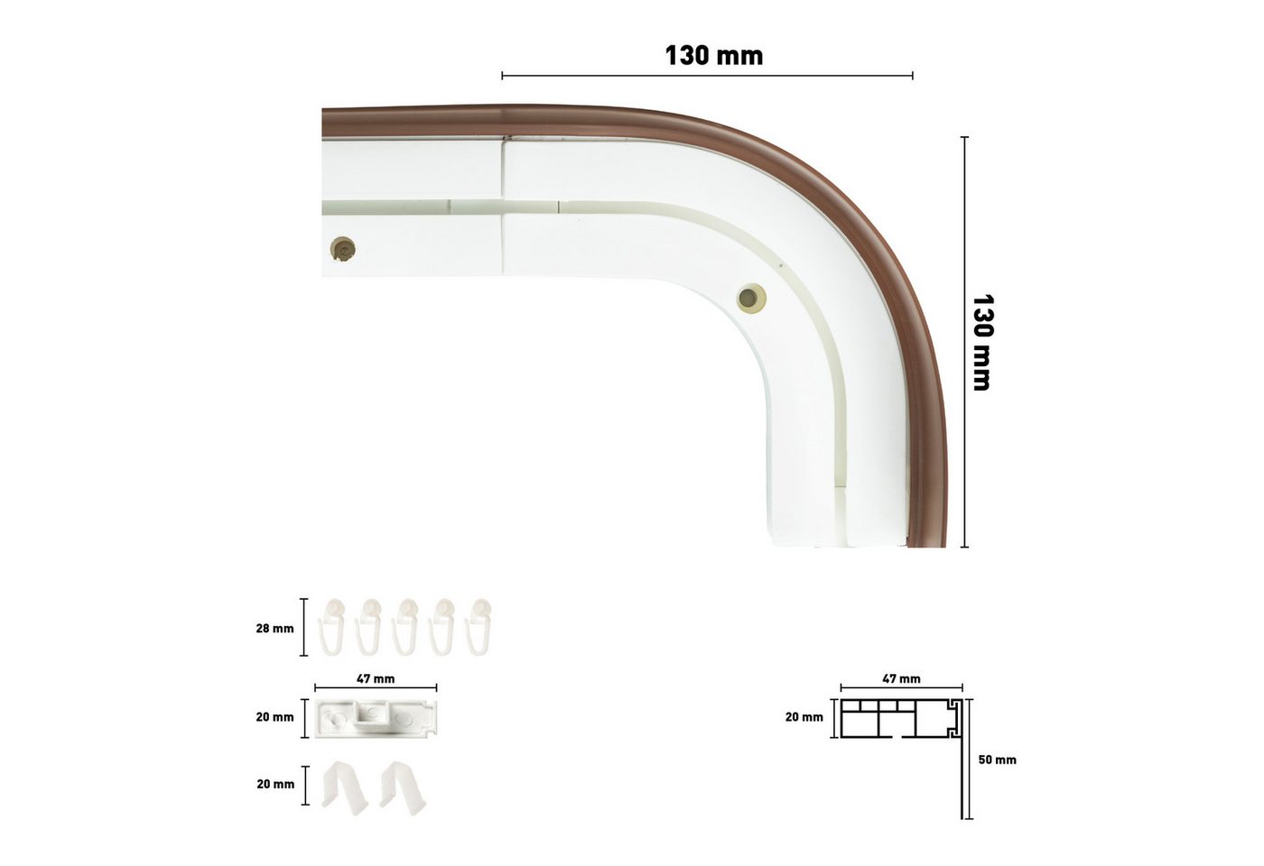 SN DECO GROUP Vorhangschiene SH1, 1-läufig, Fixmaß, mit Bohren, verschraubt, Kunststoff, Set 1-läufig,inkl. Rundbögen, Blende 5 cm, vorgebohrt, Innenlauf – Bild 5 von 5