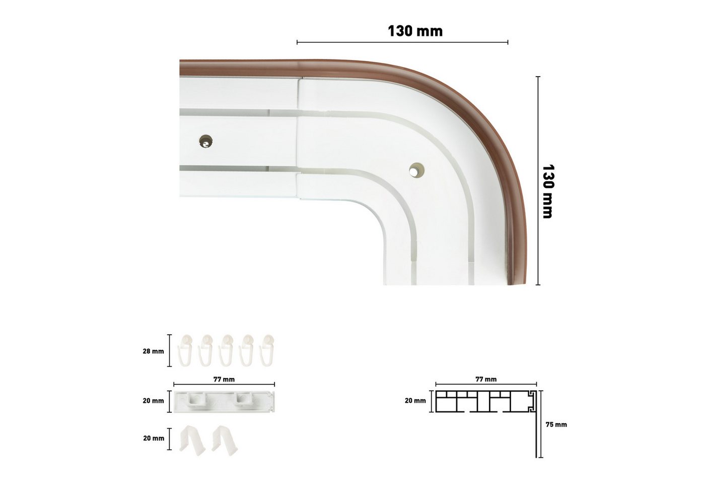 SN DECO GROUP Vorhangschiene SH2, 2-läufig, Fixmaß, mit Bohren, verschraubt, Kunststoff, Set 2-läufig, inkl. Rundbögen, Blende 7,5 cm, vorgebohrt, Innenlauf – Bild 5 von 5