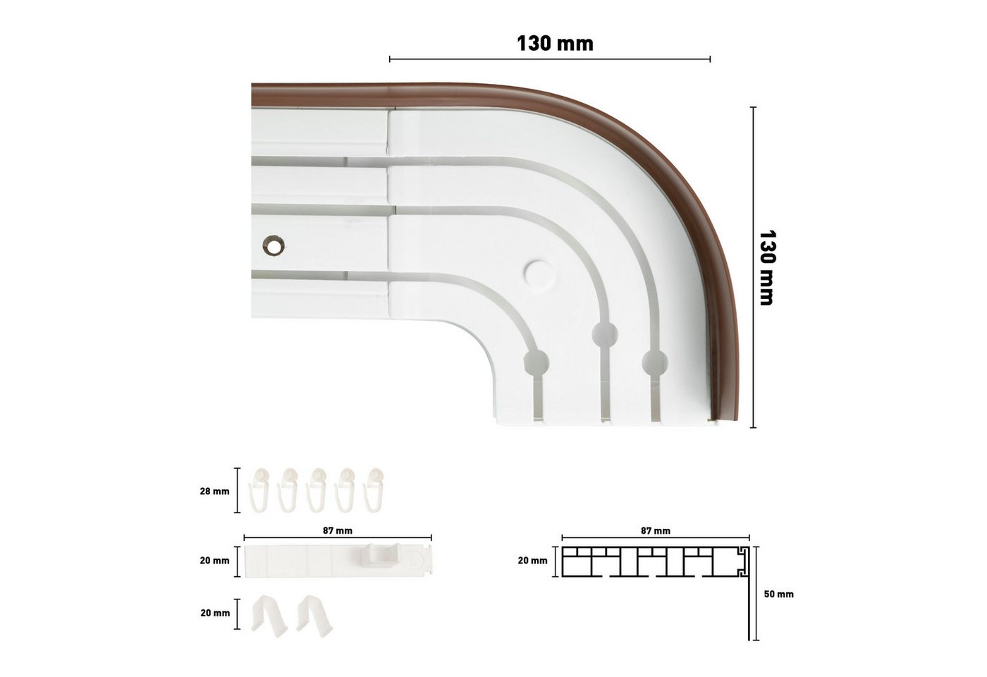 SN DECO GROUP Vorhangschiene SH3, 3-läufig, Fixmaß, mit Bohren, verschraubt, Kunststoff, Set 3-läufig,inkl. Rundbögen, Blende 5 cm, vorgebohrt, Innenlauf – Bild 5 von 5