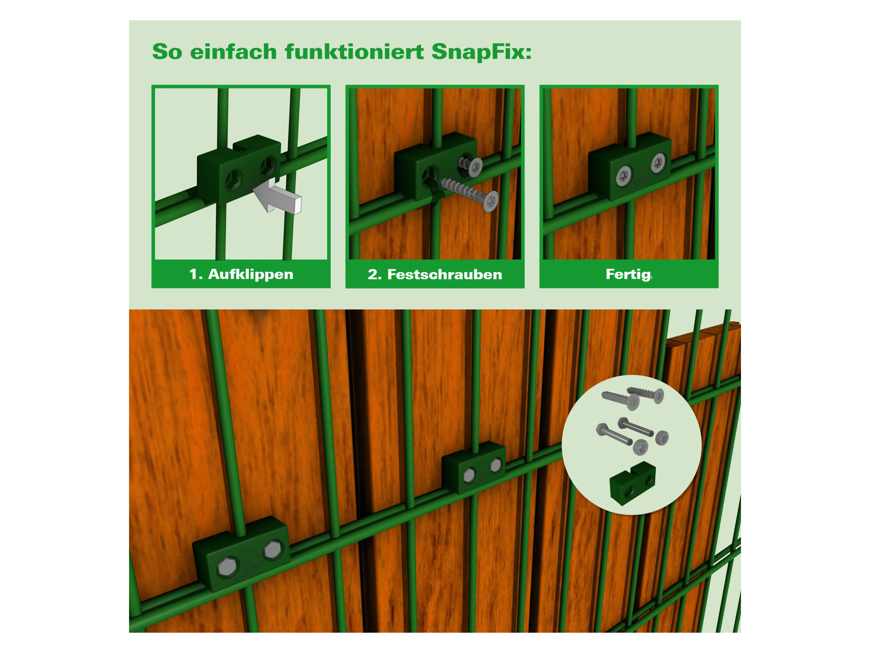 SNAPFIX® 12er Pack zur Befestigung an Dopplelstabmatten, Stärke 6-5-6 mm (Grün) – Bild 3 von 4