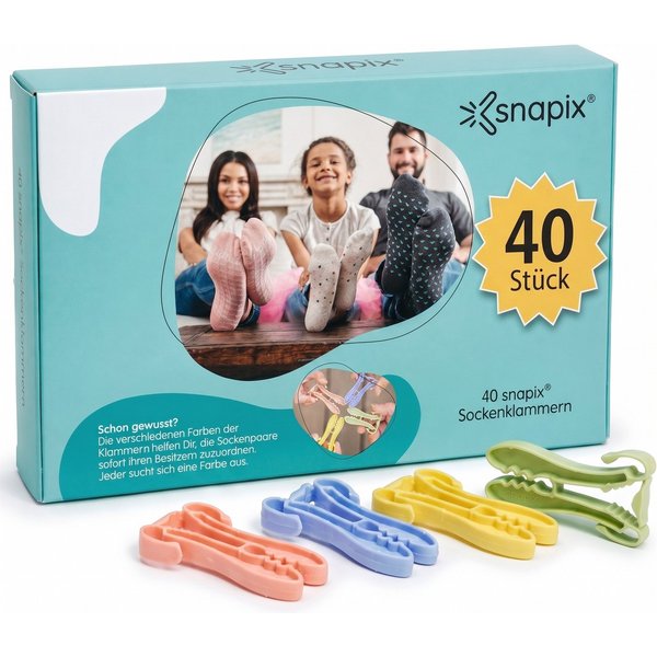 snapix Sockenklammer [40 Stück],(Set mit Klammerbeutel & Wäschenetz ODER 40x Einzelklammern, Sockenclips für Waschmaschine und Trockner), Nie Wieder Socken sort