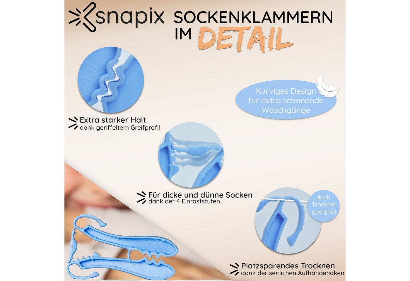 snapix Sockenklammer [40 Stück],(Set mit Klammerbeutel & Wäschenetz ODER 40x Einzelklammern, Sockenclips für Waschmaschine und Trockner), Nie Wieder Socken sort – Bild 5 von 5