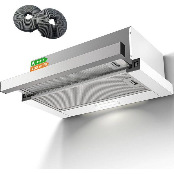 SNDOAS Kopffreihaube 60 cm Teleskop-Flachschirm-Dunstabzugshaube, Abluft & Umluft 400 m³/h, A+++, 2 Stufen, LED, 5-lagige Alu- & 2 Aktivkohlefilter