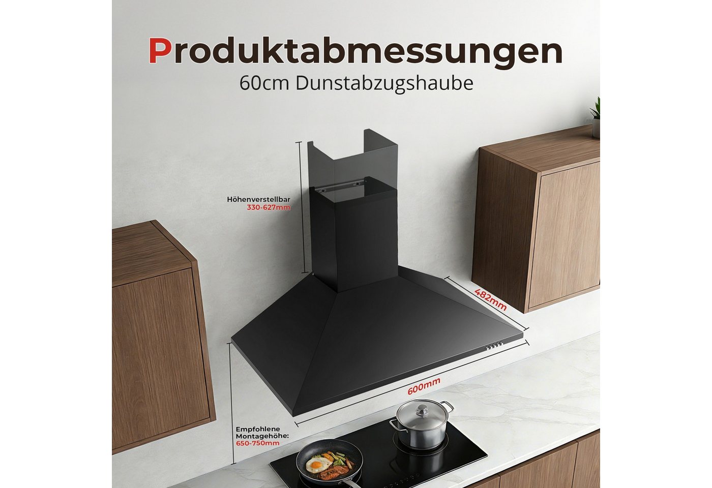 SNDOAS Kopffreihaube Dunstabzugshaube, Edelstahl – Wandhaube inkl. Aktivkohlefilter, A+++ Konvertierbar Abluft/Umluft inkl. Aktivkohlefilter, 60cm, 400m³/h – Bild 2 von 5