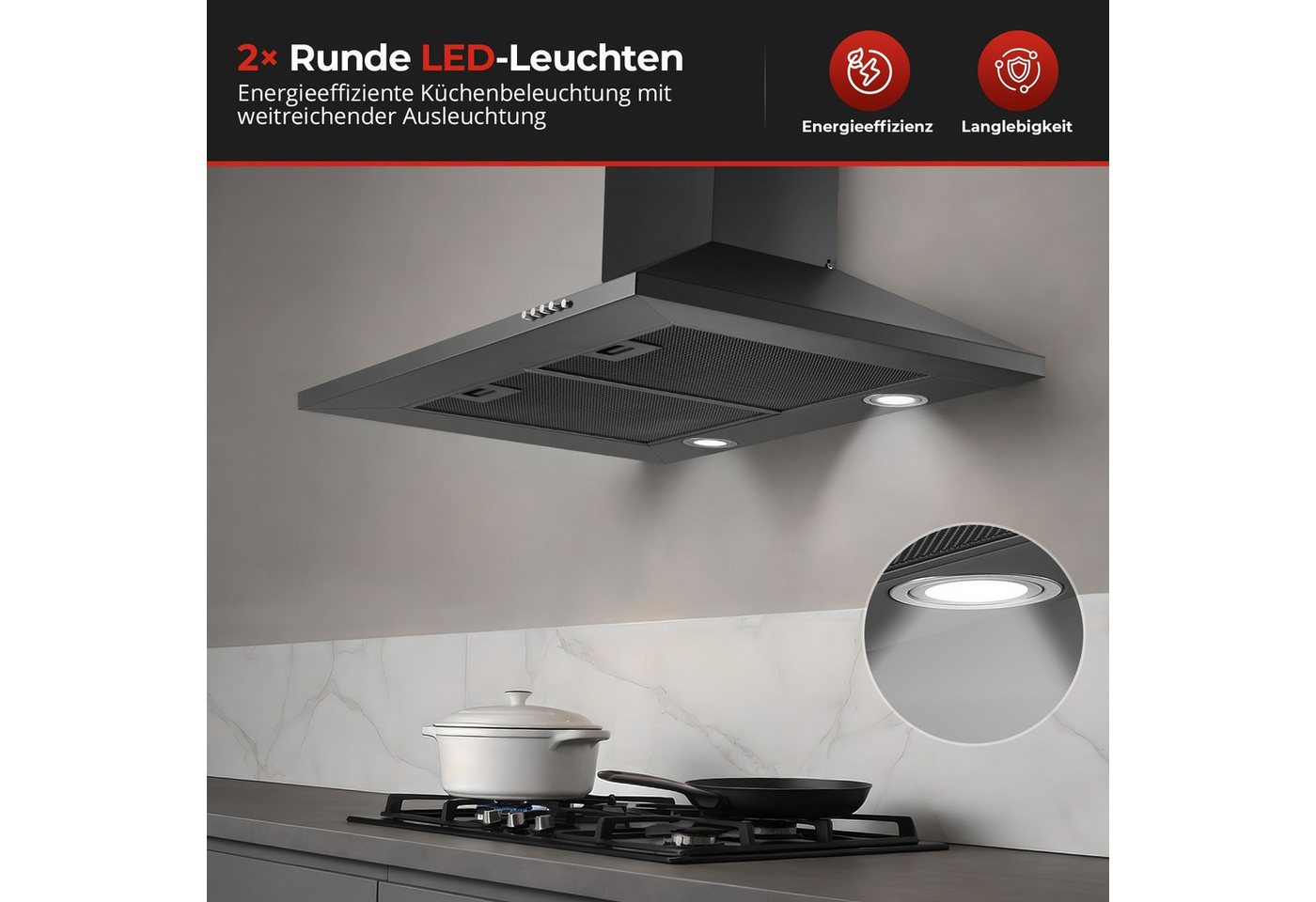 SNDOAS Kopffreihaube Dunstabzugshaube, Edelstahl – Wandhaube inkl. Aktivkohlefilter, A+++ Konvertierbar Abluft/Umluft inkl. Aktivkohlefilter, 60cm, 400m³/h – Bild 3 von 5