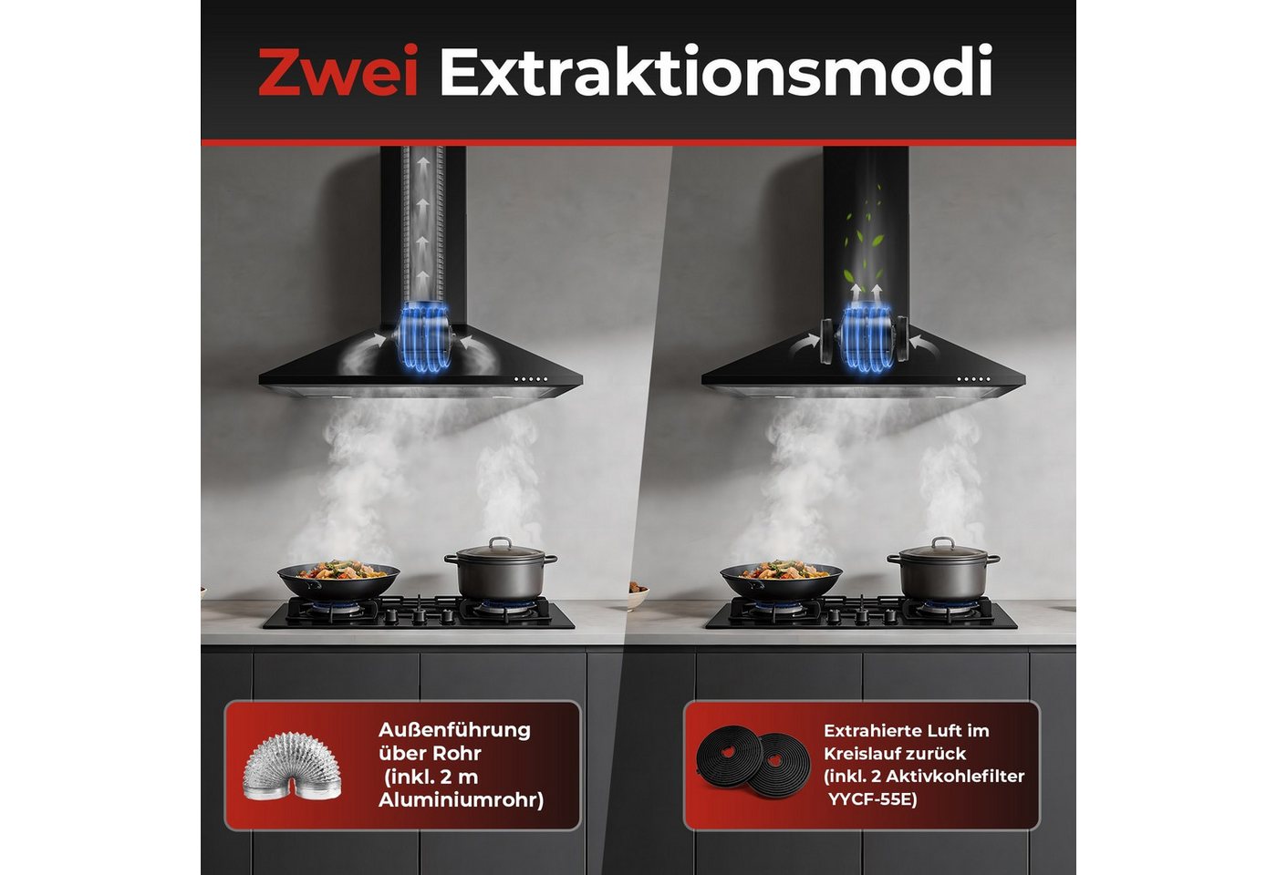 SNDOAS Kopffreihaube Dunstabzugshaube, Edelstahl – Wandhaube inkl. Aktivkohlefilter, A+++ Konvertierbar Abluft/Umluft inkl. Aktivkohlefilter, 60cm, 400m³/h – Bild 4 von 5