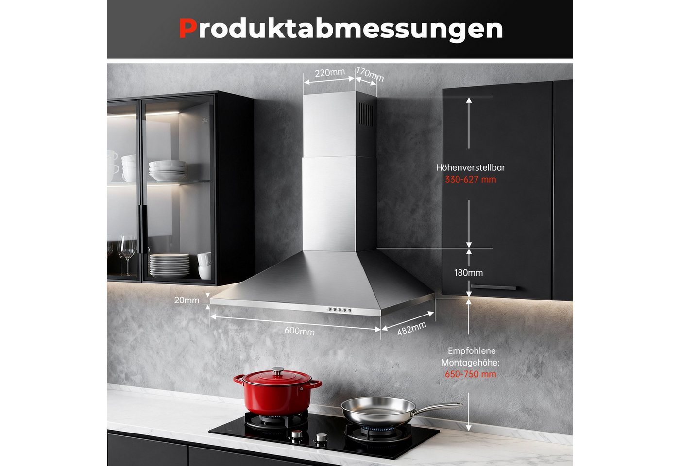 SNDOAS Kopffreihaube Dunstabzugshaube, Edelstahl – Wandhaube inkl. Aktivkohlefilter, A+++ Konvertierbar Abluft/Umluft inkl. Aktivkohlefilter, 60cm, 400m³/h – Bild 2 von 5