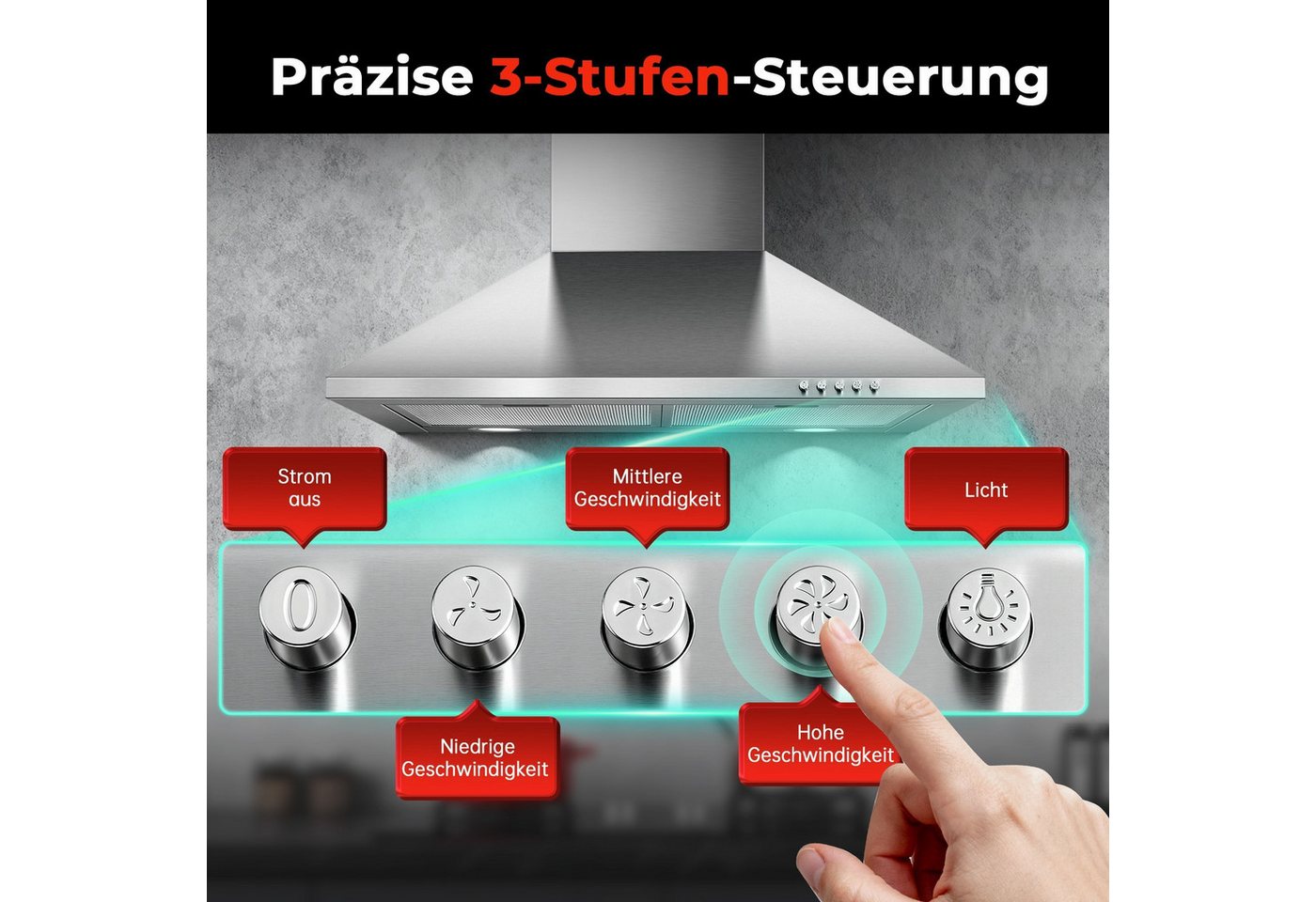 SNDOAS Kopffreihaube Dunstabzugshaube, Edelstahl – Wandhaube inkl. Aktivkohlefilter, A+++ Konvertierbar Abluft/Umluft inkl. Aktivkohlefilter, 60cm, 400m³/h – Bild 4 von 5