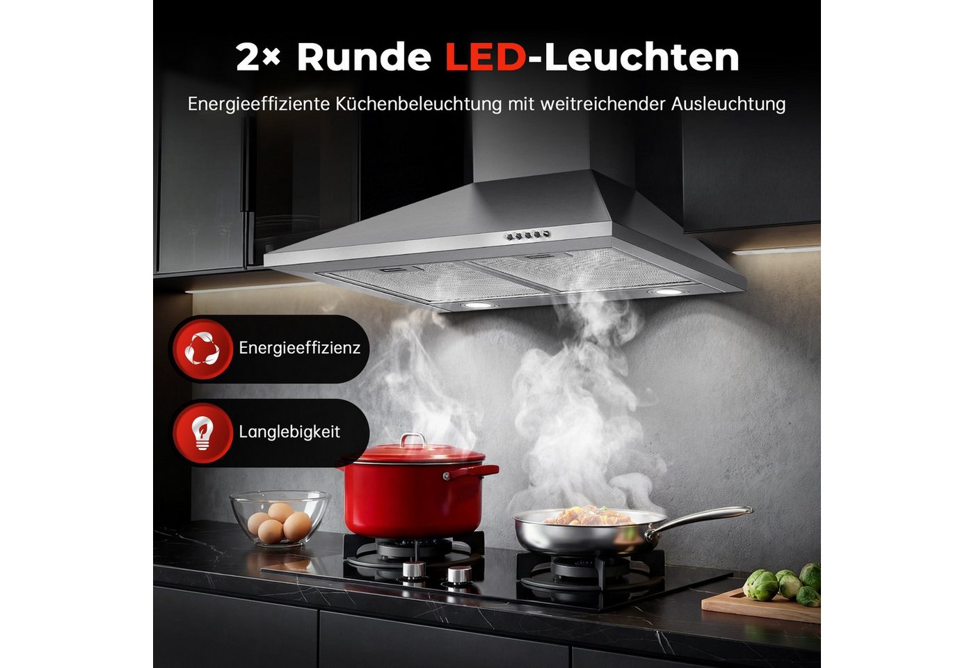SNDOAS Kopffreihaube Dunstabzugshaube, Edelstahl – Wandhaube inkl. Aktivkohlefilter, A+++ Konvertierbar Abluft/Umluft inkl. Aktivkohlefilter, 60cm, 400m³/h – Bild 5 von 5