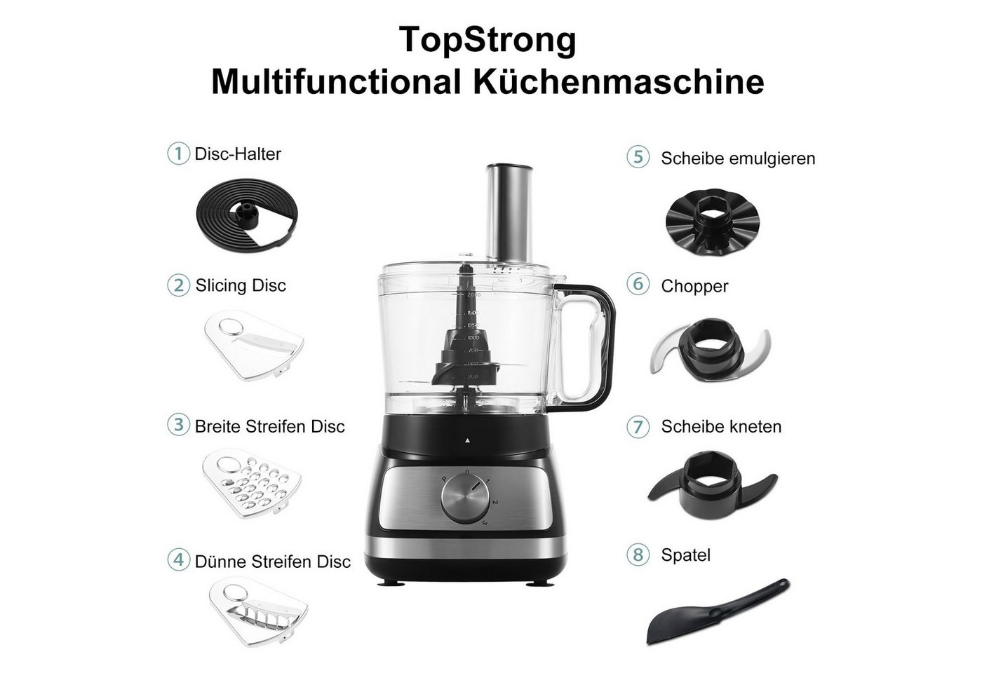 SNDOAS Küchenmaschine, 800 W, 2 l Schüssel, Mixer & Zerkleinerer mit 3 einstellbaren Geschwindigkeiten – Bild 2 von 5
