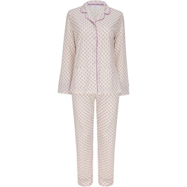 SNOOZE OFF Pyjama Schlafanzug in cremefarben mit lavendelfarbenem Blättermuster (2 tlg., 1 Stück) und Kontrastpaspeldetails