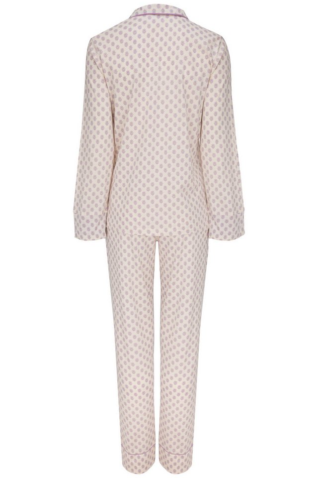 SNOOZE OFF Pyjama Schlafanzug in cremefarben mit lavendelfarbenem Blättermuster (2 tlg., 1 Stück) und Kontrastpaspeldetails – Bild 2 von 5