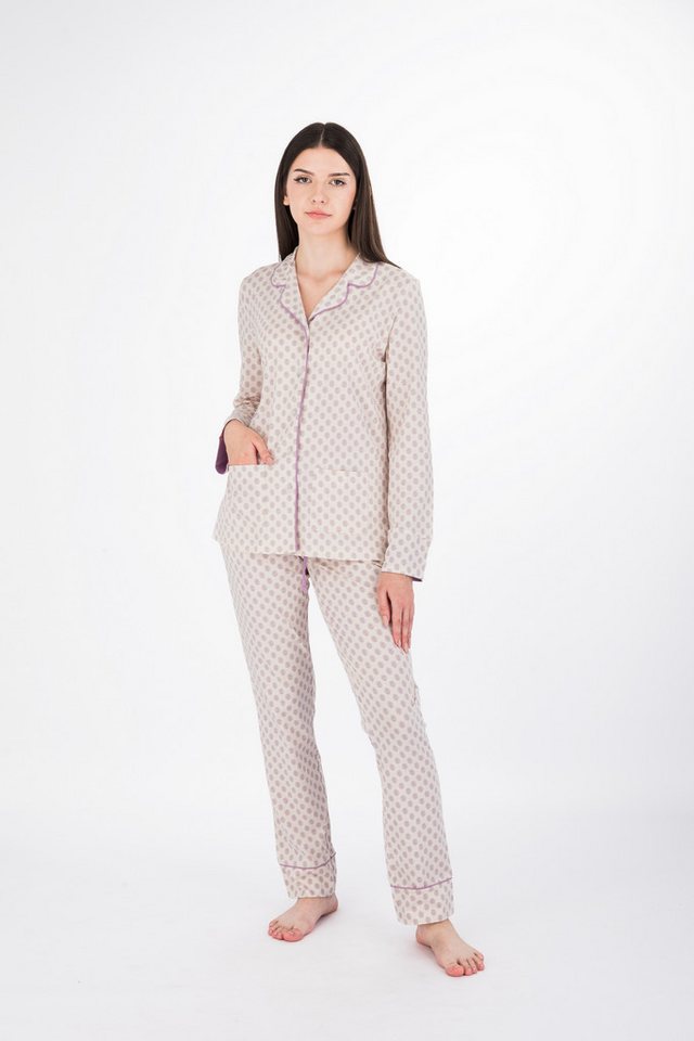 SNOOZE OFF Pyjama Schlafanzug in cremefarben mit lavendelfarbenem Blättermuster (2 tlg., 1 Stück) und Kontrastpaspeldetails – Bild 3 von 5