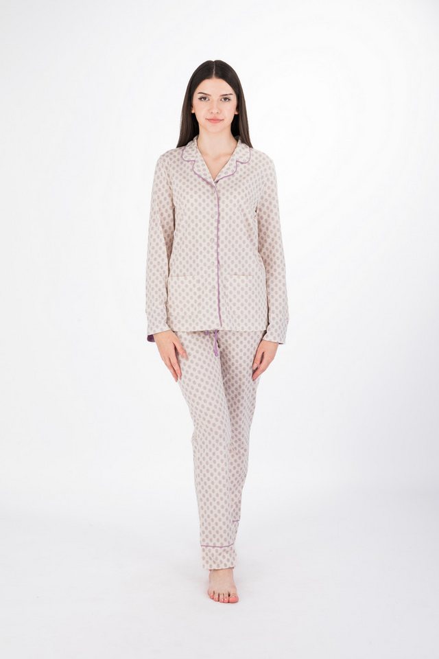 SNOOZE OFF Pyjama Schlafanzug in cremefarben mit lavendelfarbenem Blättermuster (2 tlg., 1 Stück) und Kontrastpaspeldetails – Bild 4 von 5
