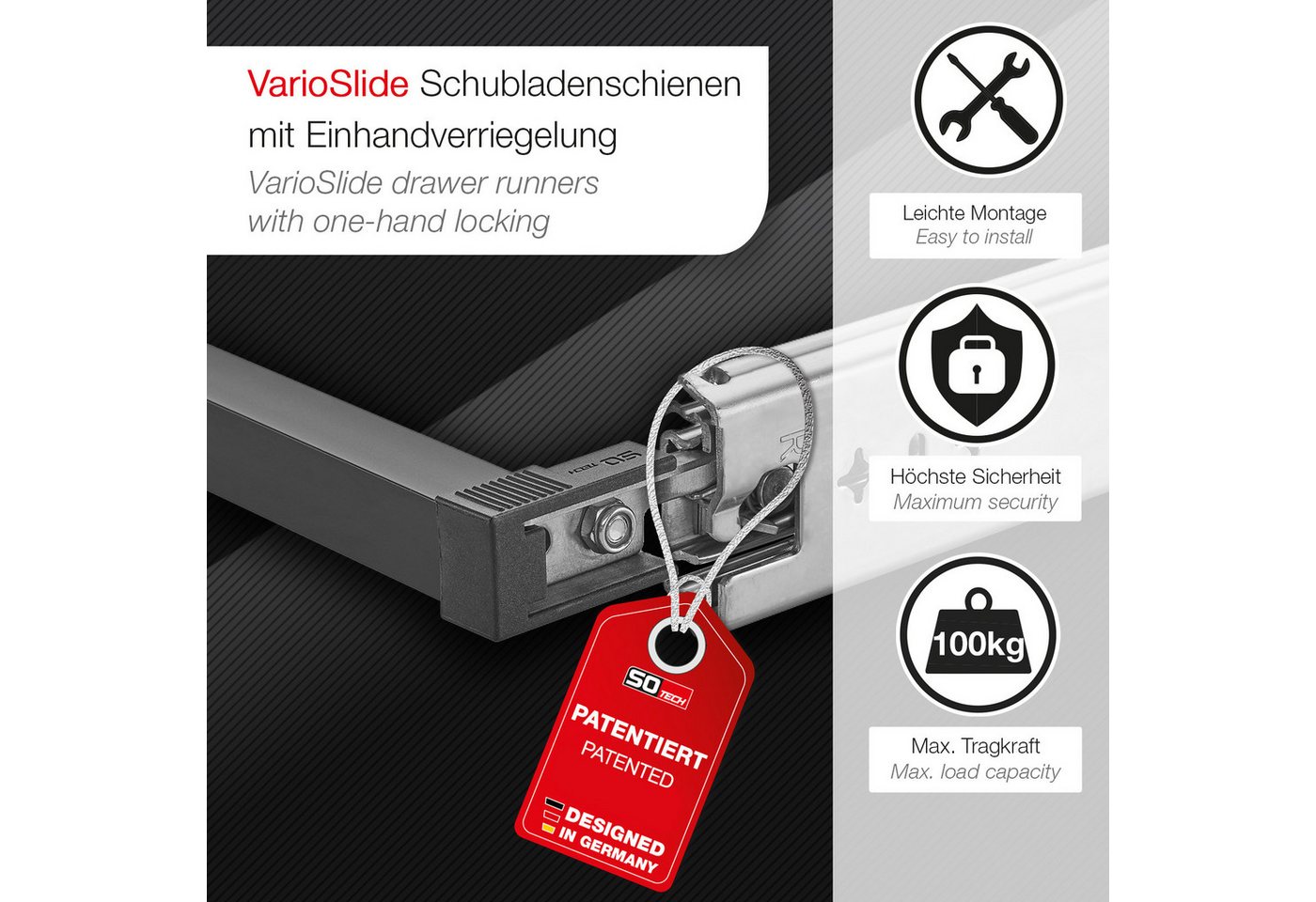 SO-TECH® Auszug VarioSlide bis 100 kg, mit Verriegelung, einhändig bedienbar (Set), Vollauszug 60 cm Breite, 30 cm Tiefe, ohne Front schwarz – Bild 2 von 5
