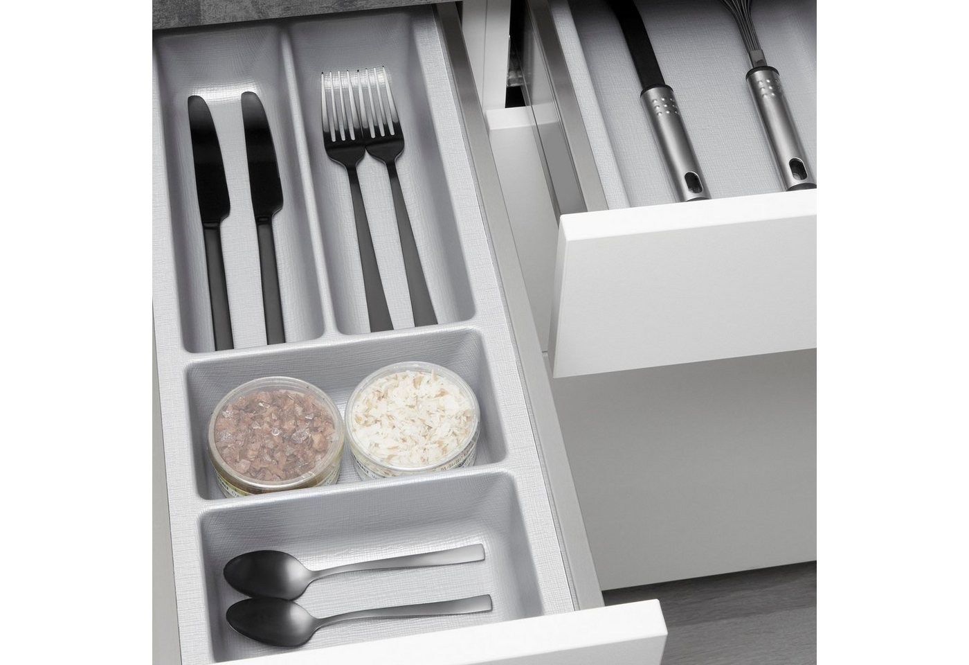 SO-TECH® Besteckeinsatz ORGA-BOX II Leinwandstruktur, für Nobilia bis 07/2012, Besteckeinsatz 209 mm Breite, Silbergrau – Bild 4 von 5