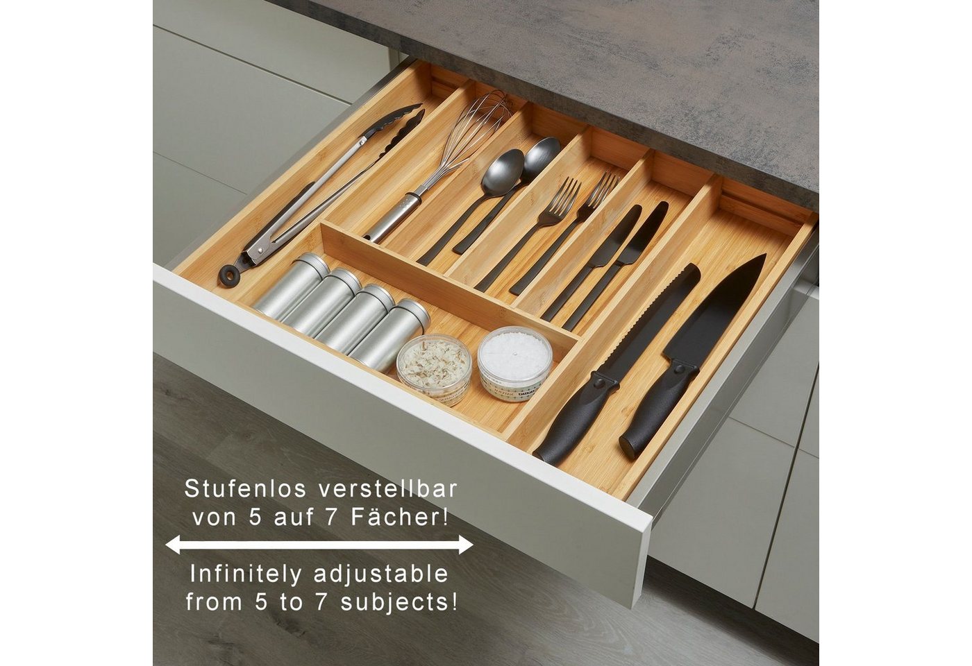 SO-TECH® Besteckeinsatz ORGA-BOX® Universal Bambus Besteckkasten verstellbar (1 St), geölt, 5 - 7 Fächer, Breite 350 - 580 x Tiefe 470 mm – Bild 4 von 5