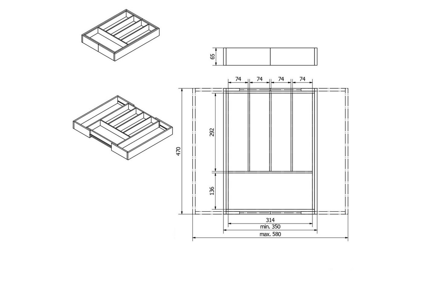 SO-TECH® Besteckeinsatz ORGA-BOX® Universal Bambus Besteckkasten verstellbar (1 St), geölt, 5 - 7 Fächer, Breite 350 - 580 x Tiefe 470 mm – Bild 5 von 5